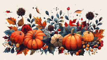 Colorful autumnal design featuring harvest fruits, pumpkins, and cozy fall elements