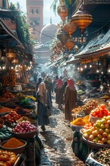 Vibrant Moroccan Market Scene with Colorful Fruits, Spices, Traditional Lanterns, and Cultural Ambiance in the Heart of Marrakech MedinaMoroccan market