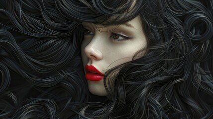 Fototapeta premium Glossy black waves of hair framed her face with a halo of sleek beauty.