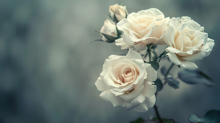 Obraz premium A photo of white roses, soft focus photography, romanticism, blurred background, ultrahigh definition images, cool tones, and a blurry background. 