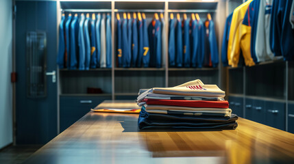 A changing area for athletes with blue and yellow team sportswear hanging in the closet. There is a small stack of T-shirts on the table in front of them.