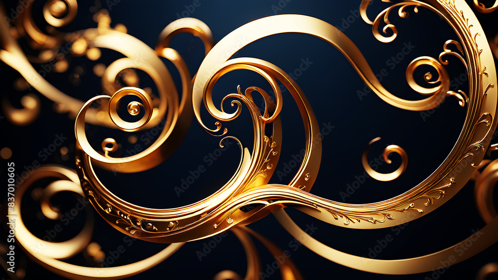 Poster design an abstract background featuring elegant golden swirls on a deep navy blue background. the sw