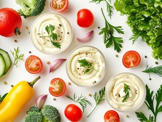 Cups of mayonnaise placed on a background of various fresh vegetables