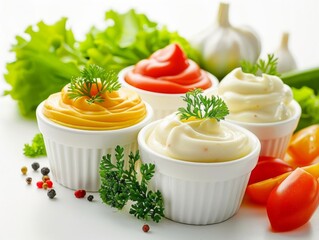 Cups of mayonnaise with a variety of colorful vegetables in the background