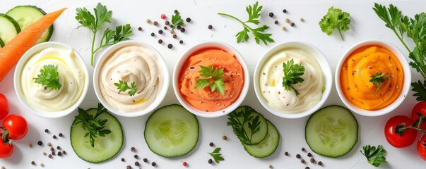 Cups of mayonnaise with an assortment of vegetables on a white background Ideal for food styling, recipe cards, and healthy lifestyle blogs Plenty of space for copy