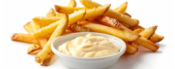 French fries arranged around a small dish of mayonnaise