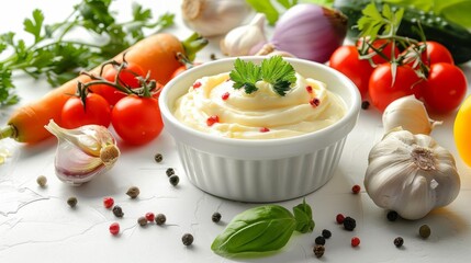 Fresh vegetables surrounding cups of mayonnaise