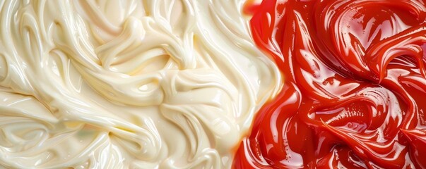 Yingyang pattern using mayonnaise and ketchup on a white background Great for culinary arts, food product promotions, and creative cooking blogs Copy space provided