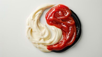 Yinyang symbol made of mayonnaise and ketchup, isolated on a white background Ideal for food blogs, culinary arts, and creative recipe sites Ample copy space included
