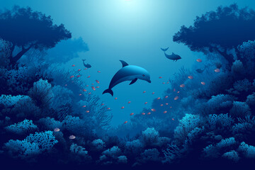Fototapeta premium “Heart of the Ocean: A Serene Underwater World Teeming with Marine Life”