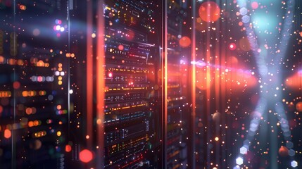 Server room processing data, intricate data flow, 3d, moody light, focus on server lights, ethereal, Multilayer, Hightech data center backdrop