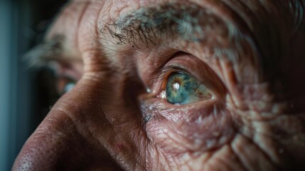 Naklejka premium Close-up of elderly man's eyes with reflections showing fragmented, incomplete picture, hinting at the distorted reality of dementia.