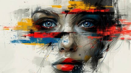 Abstract portrait blending traditional and digital techniques. Fragmented face with bold brush strokes and colorful geometric shards. Vivid colors against textured background. Identity, perception, di