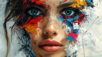 Bold, abstract portrait merging traditional and digital art techniques. Fragmented face with vibrant colors and geometric shapes, against textured white background. Themes of identity and technology.