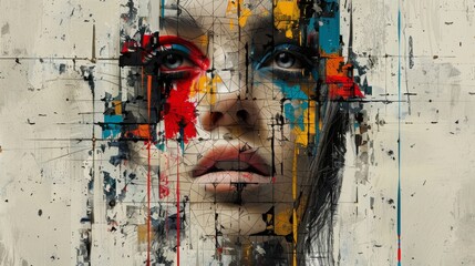 Abstract portrait with fragmented face, bold brush strokes, and geometric shards in vibrant red, blue, and yellow against textured white and gray background. Evokes identity and digital influence.