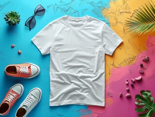 A trendy white t-shirt with 'YOUR DESIGN HERE' text, casually knotted in a flat lay arrangement.