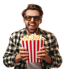 Exciting man holding bucket of popcorn on isolated transparent background