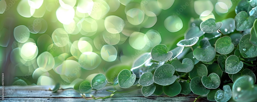 Poster Macro shot of dewdrops on green leaves with a beautiful bokeh effect background, creating a refreshing and serene nature scene.