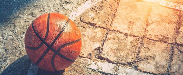 Above view sports background of orange basketball ball lying on court floor lit by sunlight
