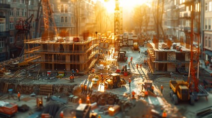 Urban Construction Site at Sunrise with Workers and Heavy Machinery, Building Foundations, Scaffolding, and City Skyline in Background Capturing the Early Morning ActivityConstruction