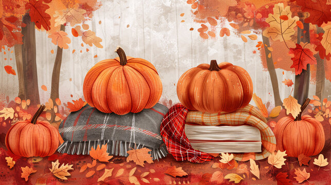 Cozy fall vibes illustration with pumpkins, flannels, and warm autumn colors