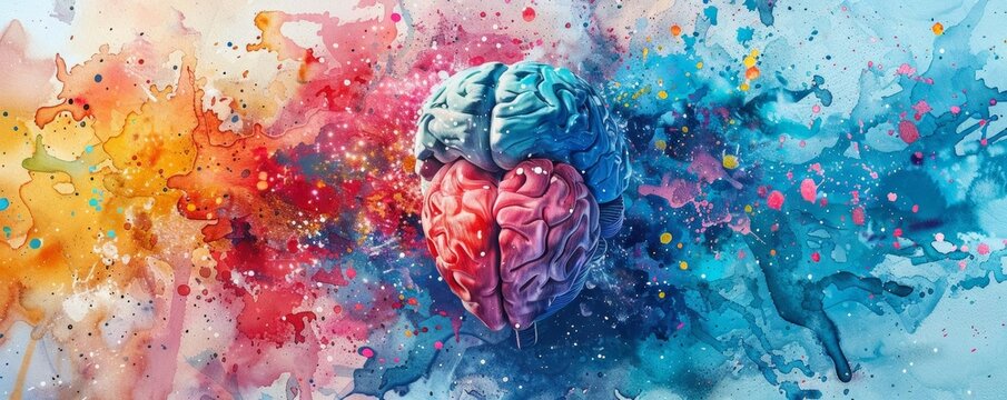 A whimsical watercolor illustration of a brain morphing into a heart, surrounded by colorful splashes, representing the unity of thought and feeling