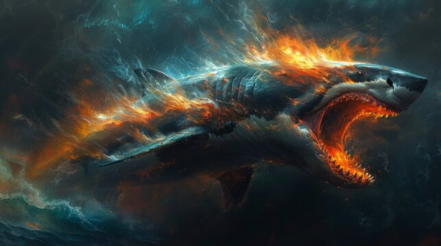 Vibrant digital portrait of a Megalodon in fiery strokes, highlighted with Sherwin Williams inspired colors, exuding power and mystery in a dark void background.