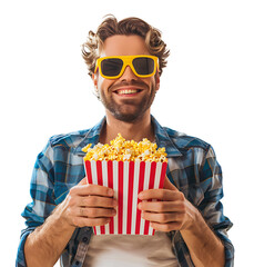 Exciting man holding bucket of popcorn on isolated transparent background