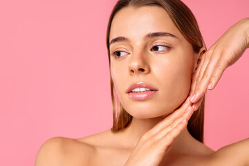 Woman with radiant skin on a Pink Background Image Represents Beauty and Skincare Concept