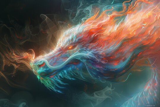 Vibrant Tianlong portrait with fiery strokes, vivid colors, and mystical aura, set against a dark void for a regal and powerful presence.