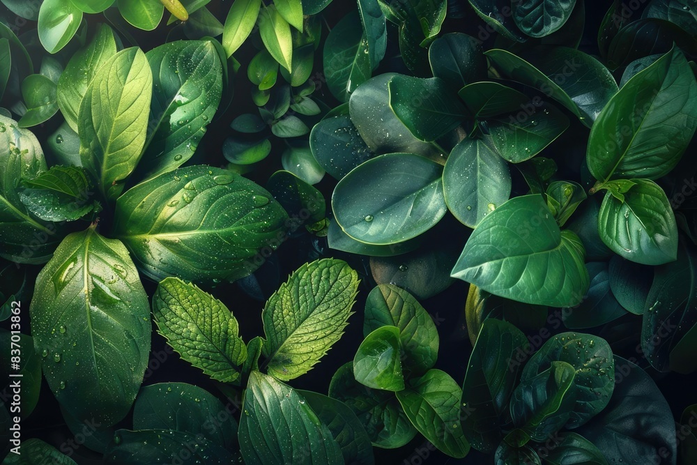 Poster lush green leaves with droplets of water create a fresh and vibrant nature background. ideal for env