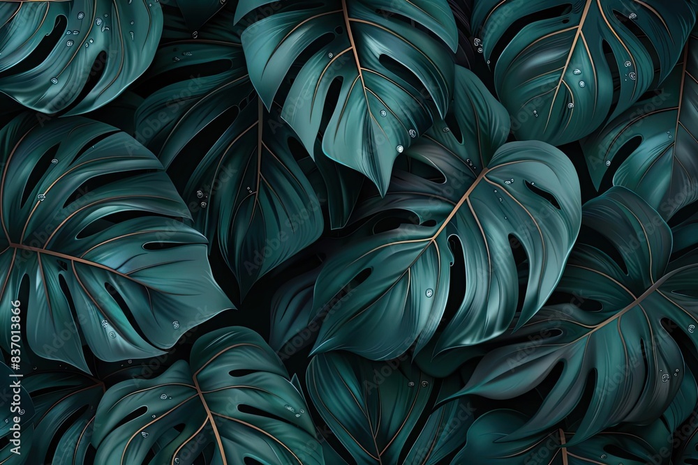 Poster seamless pattern of lush, dark green monstera leaves with delicate water droplets, creating a refres