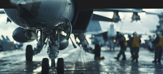 Close-up of jet being launched, crew on deck in action ensuring seamless operation, focus on individuals and machinery emphasizing teamwork behind each mission.