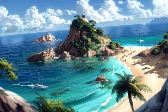 A vibrant island with neon teal, vivid violet, baby pink, and pale yellow beaches, offering hidden coves and endless exploration opportunities.