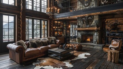 Obraz premium Luxury rustic cabin living room with leather sofa, stone fireplace, and mountain view. Cozy ambiance with wooden decor and modern amenities.