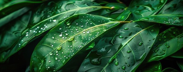Close-up of lush green leaves with dew drops, showcasing nature's beauty and freshness. Ideal for backgrounds and nature-related projects.