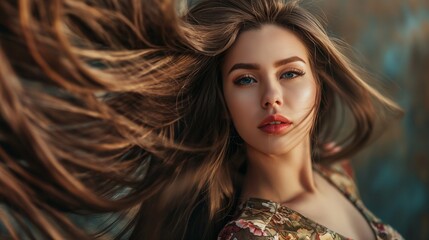 Fototapeta premium Brunette girl with long hair, Beautiful gorgeous woman with flowing long hair is posing in a luxurious outfit