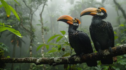 Fototapeta premium two hornbills in a forest, with a misty background