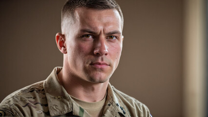 Obraz premium Portrait of a White American Male Soldier in Military Uniform