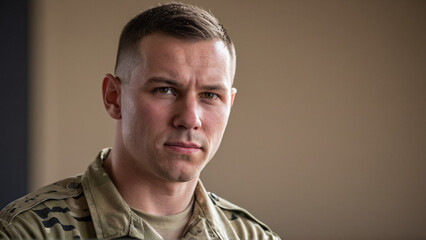 Obraz premium Portrait of a White American Male Soldier in Military Uniform