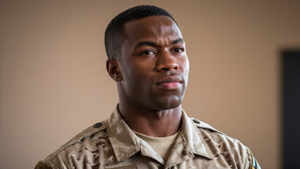 Obraz premium Portrait of a Black American Male Soldier in Military Uniform