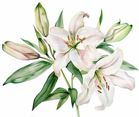 Fototapeta premium Watercolor Luxurious open lilies with buds and half-opened flowers and several leaves