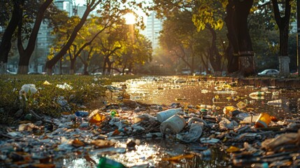 Obraz premium a city park with trash scattered around, showing the impact of pollution on public spaces