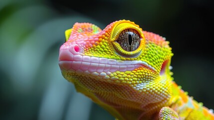 Obraz premium A corrupt police officer at twilight with neon pink, green, yellow, and peach geckos crawling around.