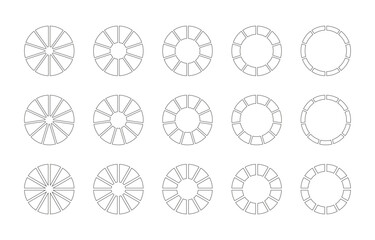 Circle division on 10, 11, 12 equal parts. Wheel round divided diagrams ten, eleven, twelve segments. Set of infographic. Coaching blank. Section graph. Pie, pizza chart icons. Outline donut charts.