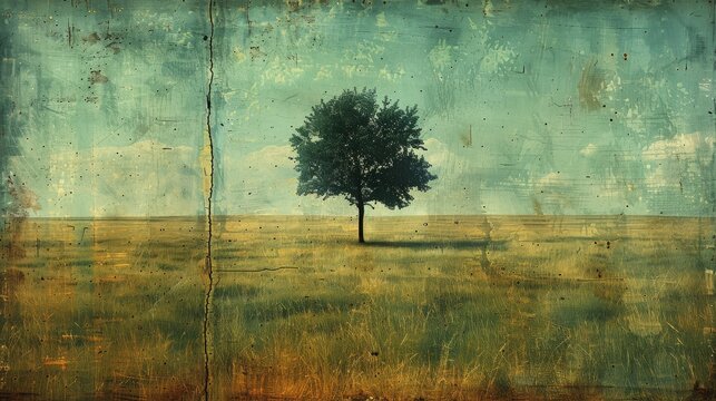 Vibrant green curry dish on collodion paper with tree silhouette against desolate background. Sky blue, teal, seafoam green, and chartreuse yellow colors.