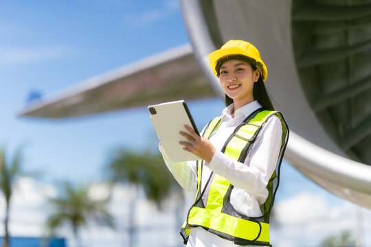 Airplane engine repair technician, aerospace engineering woman, engine inspection, maintenance technician