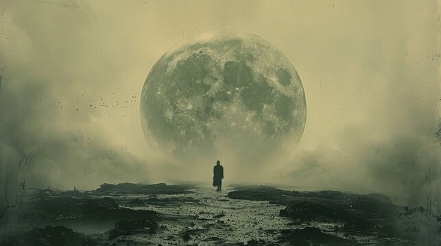 A leprechaun gazing at a starship in an Edwardian setting, captured with a Bichromate process in minimal and modern greys.