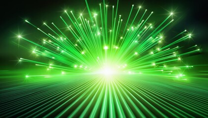 Obraz premium Vibrant green fiber optic lights bursting from a central point, creating a striking visual effect. The radiant beams and sparkling dots evoke innovation, advanced technology.
