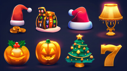 Asset of Halloween and Christmas for mobile game, ui game, slot game isolation on dark background, Illustration.
